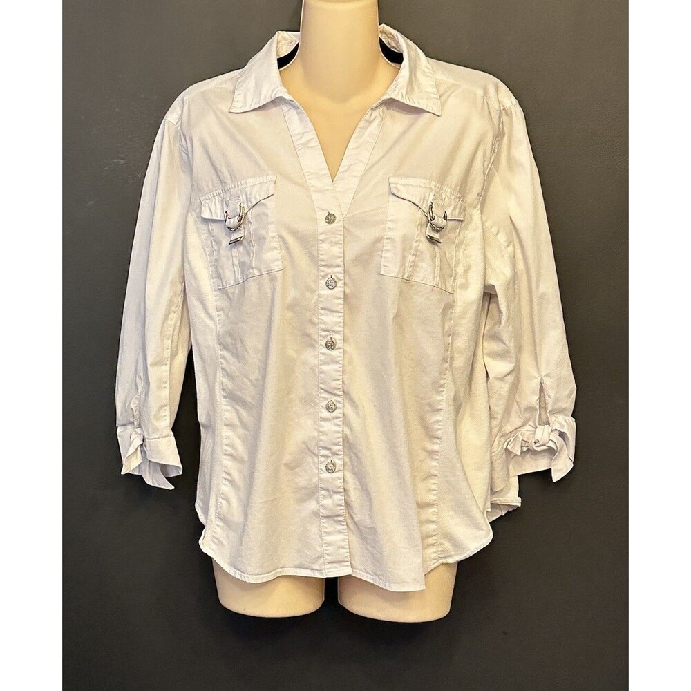 Anne Klein Womans Button Up White Gold  Buttons Hardware Tie 3/4 Sleeves  C3